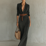 Women's Suede Single-breasted Lapel Belt Maxi Dress