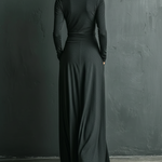 Women's Charcoal Elegant Stretch Polyester-Cotton Blend Turtleneck Draped Maxi Dress