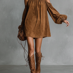 Women's Loose-fitting Faux Suede Halter Neck Semi-high Collar Lantern Sleeve Mini Dress