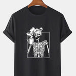 Skeleton Drinking Coffee Print T-Shirt