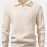 Long Sleeve Wave Jacquard Knit V Neck Polo Shirt