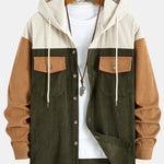 Relax Fit Corduroy Patchwork Hooded Shirt With Pockets & Straight Leg Corduroy Pants