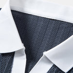 Striped Textured Johnny Collar Open Knit Polo