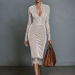 Women's Fashionable And Elegant Dark Blue Velvet Slim-fit V-neck Midi Dress With Lace Trim At The Neckline And Sleeves