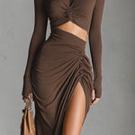 Women's Fashionable Brown Knitted Stretch Long-sleeved Dress