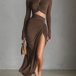 Women's Fashionable Brown Knitted Stretch Long-sleeved Dress