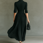 Women's Solid Color Pleated Lapel Waist Long Sleeve Maxi Dress
