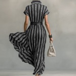Women's Chiffon Striped Printed Lapel Short-sleeved Belted Maxi Dress