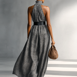 Women's Plaid High Collar Sleeveless Belted Maxi Dress