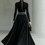 Women's Black Stitching White Trim High Collar Long Sleeve Tight Belt Maxi Dress