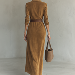 Women's Suede Single-breasted Lapel Belt Maxi Dress