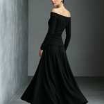 Women's Black Knit Off-Shoulder Fitted Top And Woven Fabric Skirt Set