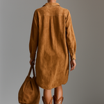 Women's Suede Loose Lapel V-neck Embroidered Long-sleeved Midi Dress