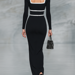 Women's Black And White Trim Square Neck Long Sleeve Tight Maxi Dress