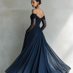 Women's Elegant Dark Blue Chiffon Organza Off-shoulder Long-sleeved Fitted Maxi Dress