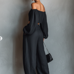 Women's Minimalist Linen Blend Strapless Long-sleeved Blouse And Wide-leg Pants Set