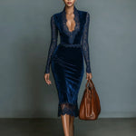 Women's Fashionable And Elegant Dark Blue Velvet Slim-fit V-neck Midi Dress With Lace Trim At The Neckline And Sleeves