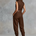 Women's Minimalist Linen-blend Button-up Collared Sleeveless Jumpsuit