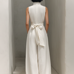 Women's Minimalist Cotton And Linen Blend V-neck Belted Sleeveless Maxi Dress