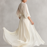 Women's Ivory Sheer Chiffon Dress With Puff Sleeves & Wrap Detail, Timeless Romantic-Luxe Style Dress