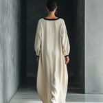 Women's Beige Cotton And Linen Blend Square-Neck Maxi Dress With Black Trim & Oversized Pockets