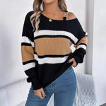 ALTHEIRA��� - Casual Striped Asymmetrical Neck Long Sleeve Sweater