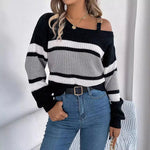 ALTHEIRA��� - Casual Striped Asymmetrical Neck Long Sleeve Sweater