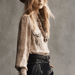 Vintage Western Ruffled V-neck Beige Leopard Print Suede Blouse Tops