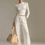 Fashionable Sporty White Knit Ribbed Crew Neck Top And Wide-leg Pants Set