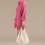 Sporty Retro Pink Cotton Half-Zip Ruffle Sweatshirt Mini Dress