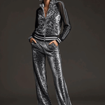 Sporty Retro Striped Mesh Sleeve Gray Leopard Print Velvet Sweatshirt And Pants Set