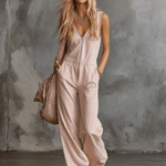 Elegant Retro Sporty V-neck Front Zipper Sleeveless Light Pink Cotton Jumpsuit