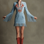 Western Retro Red Embroidered Blue Faux Suede Long-Sleeved Tassel Mini Dress
