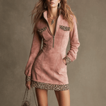 Western Retro Long-Sleeved Leopard Print Pink Faux Suede Mini Dress