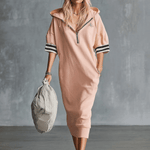 Casual Fashion Sporty Hooded Front Zipper Short-sleeved Cherry Blossom Pink Cotton Midi Dress