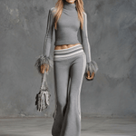 Retro Fashion Sporty Gray Knitted Feather Cuffs High-neck Top And Slim-fit Flared Pants Suit