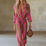 Casual Loose Rose Red Chiffon Leopard Print Long-Sleeved Jumpsuit