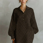 Women's Fashionable Brown Leopard Print Loose Open Neckline Long Sleeve Dress