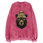 Alabama Black Bear wearing Birmingham beanie with pom pom and wayfarer - Vintage Sweatshirt