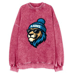 Detroit Lion wearing Lions Honolulu blue and silver beanie with pom pom and - Vintage Sweatshirt