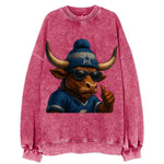 Texas Longhorn wearing Cowboys silver and blue beanie with star and wayfarer - Vintage Sweatshirt