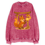 Foxfire kitsune stringing lanterns along a torii gate with tails of living - Vintage Sweatshirt
