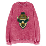 Kansas American Bison wearing Wichita beanie with pom pom and wayfarer - Vintage Sweatshirt