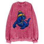 Bay Area Sea Lion wearing Warriors blue and gold beanie with Golden Gate and - Vintage Sweatshirt