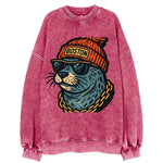 Boston Harbor Seal wearing Boston beanie with pom pom and wayfarer sunglasses - Vintage Sweatshirt