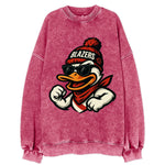 Oregon Duck wearing Trail Blazers beanie with rose patch and wayfarer - Vintage Sweatshirt