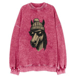 Vermont Morgan Horse wearing Burlington beanie with pom pom and wayfarer - Vintage Sweatshirt
