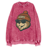 Oregon Beaver wearing Portland beanie with pom pom and wayfarer sunglasses - Vintage Sweatshirt