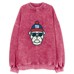 New York Bulldog wearing Giants blue and red beanie with pom pom and wayfarer - Vintage Sweatshirt