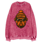 Cleveland Bulldog wearing Browns orange and brown beanie with pom pom and - Vintage Sweatshirt